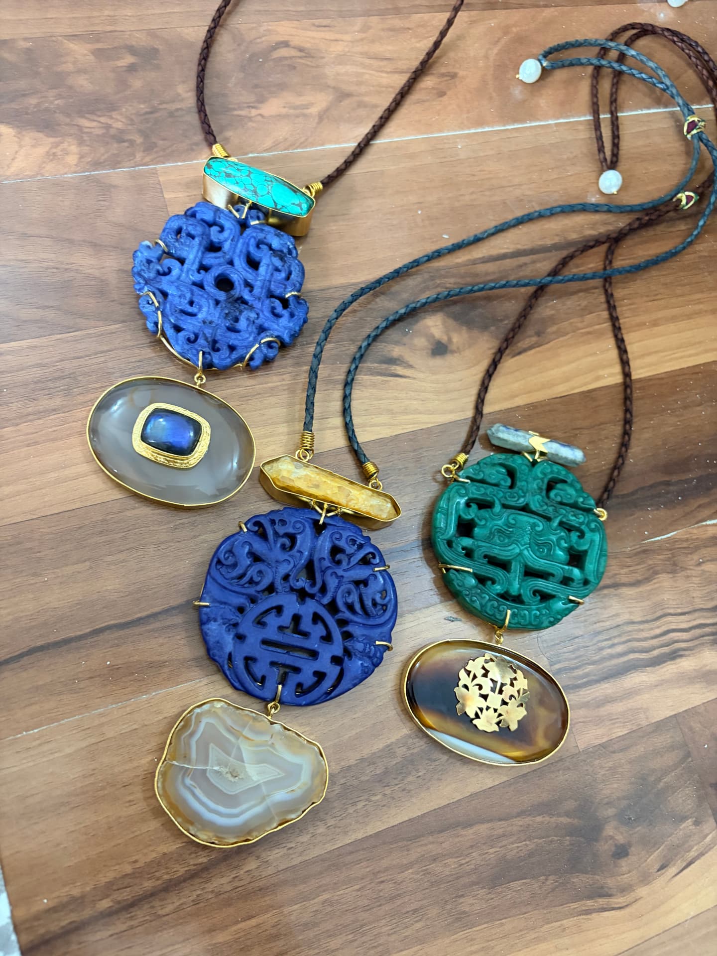 Carved lapis, malachite and agate pendant cord necklaces